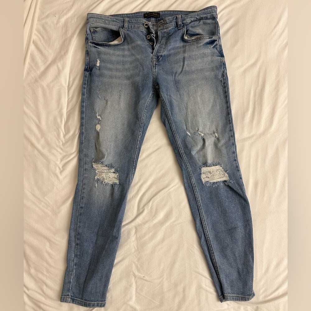 Zara Vintage Cropped Ripped Mens Skinny Blue Jeans Size 44 (34 waist)